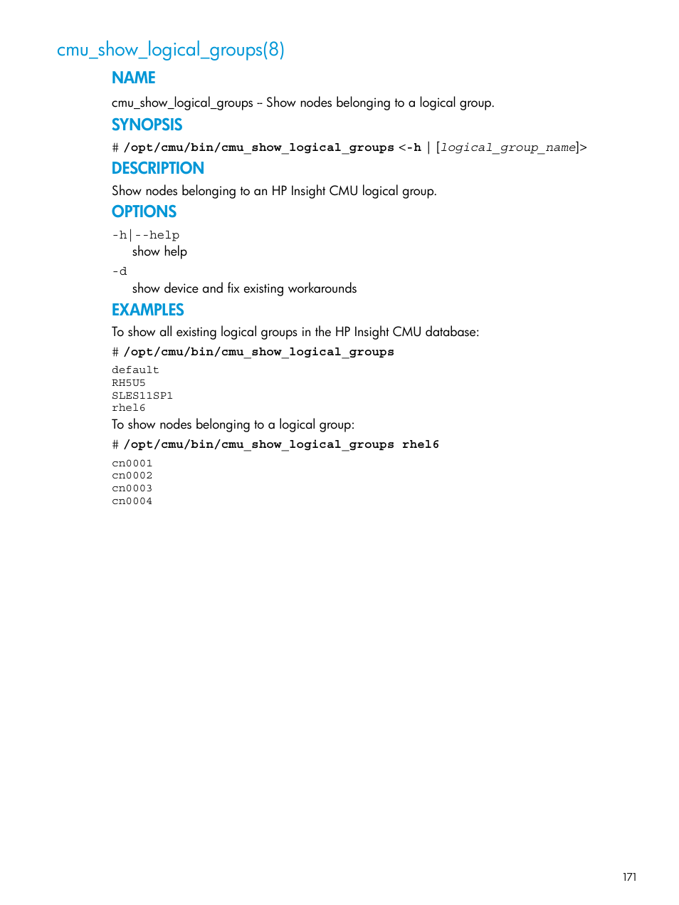 Cmu_show_logical_groups(8), Name, Synopsis | Description, Options, Examples | HP Insight Cluster Management Utility User Manual | Page 171 / 223