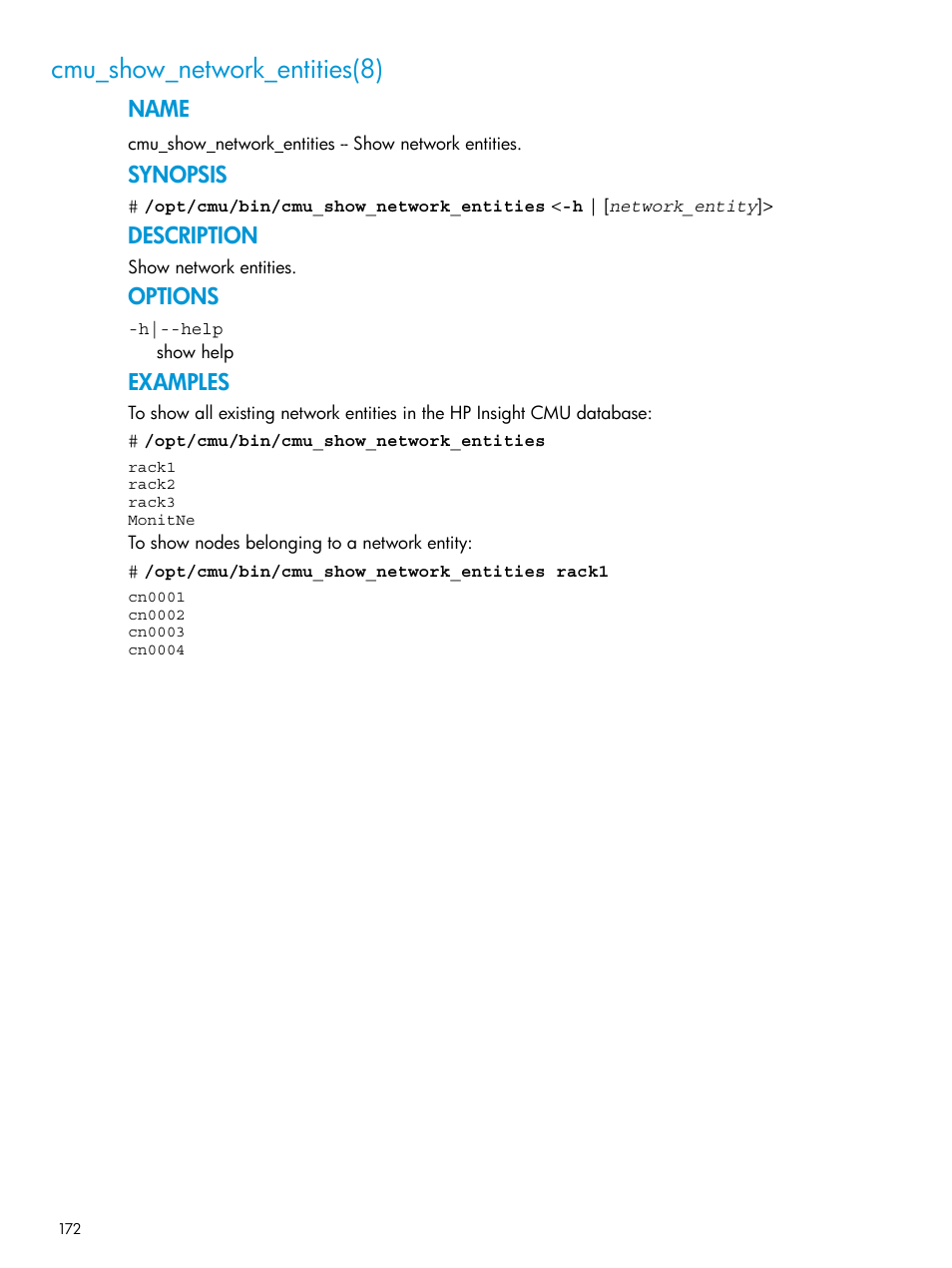 Cmu_show_network_entities(8), Name, Synopsis | Description, Options, Examples | HP Insight Cluster Management Utility User Manual | Page 172 / 223