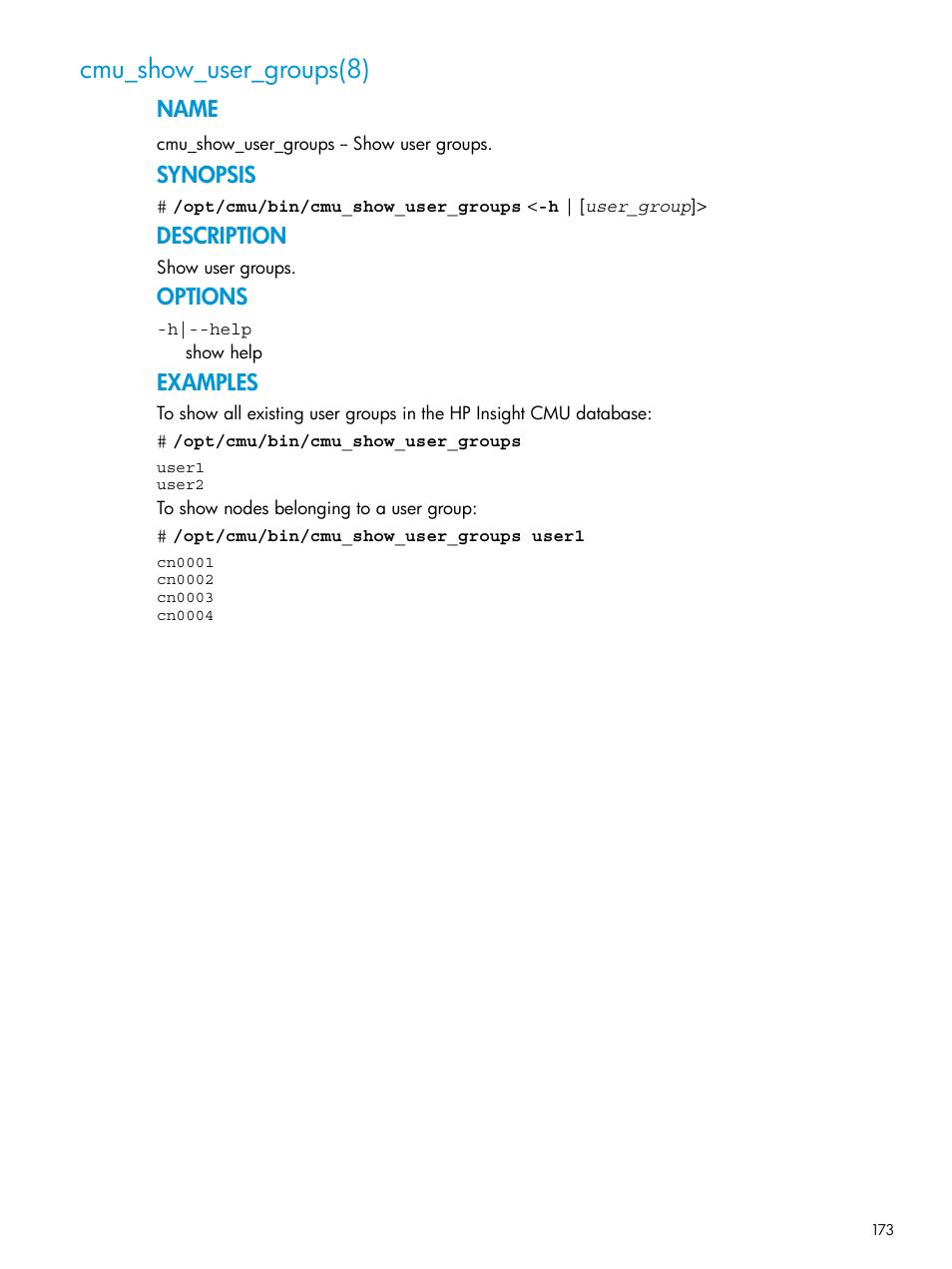 Cmu_show_user_groups(8), Name, Synopsis | Description, Options, Examples | HP Insight Cluster Management Utility User Manual | Page 173 / 223