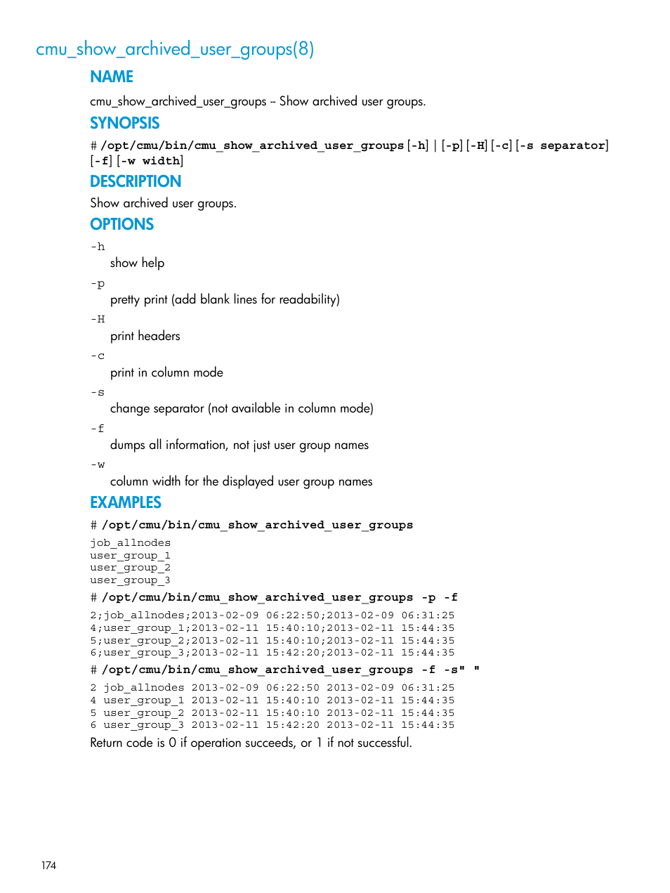 Cmu_show_archived_user_groups(8), Name, Synopsis | Description, Options, Examples | HP Insight Cluster Management Utility User Manual | Page 174 / 223