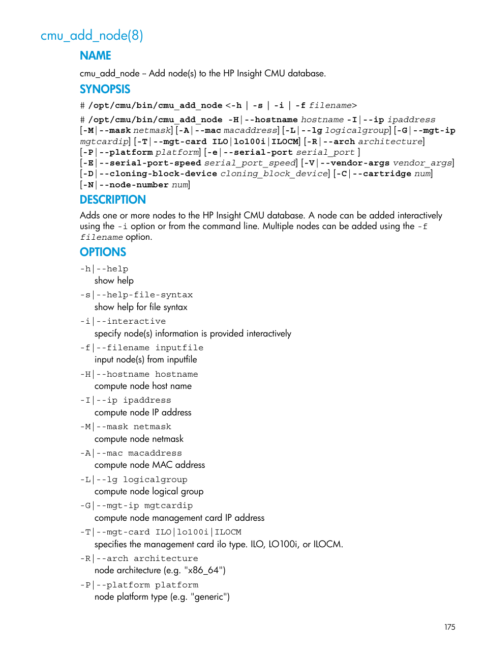 Cmu_add_node(8), Name, Synopsis | Description, Options | HP Insight Cluster Management Utility User Manual | Page 175 / 223
