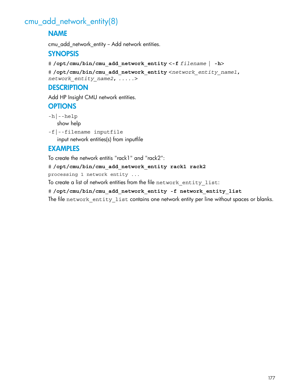 Cmu_add_network_entity(8), Name, Synopsis | Description, Options, Examples | HP Insight Cluster Management Utility User Manual | Page 177 / 223