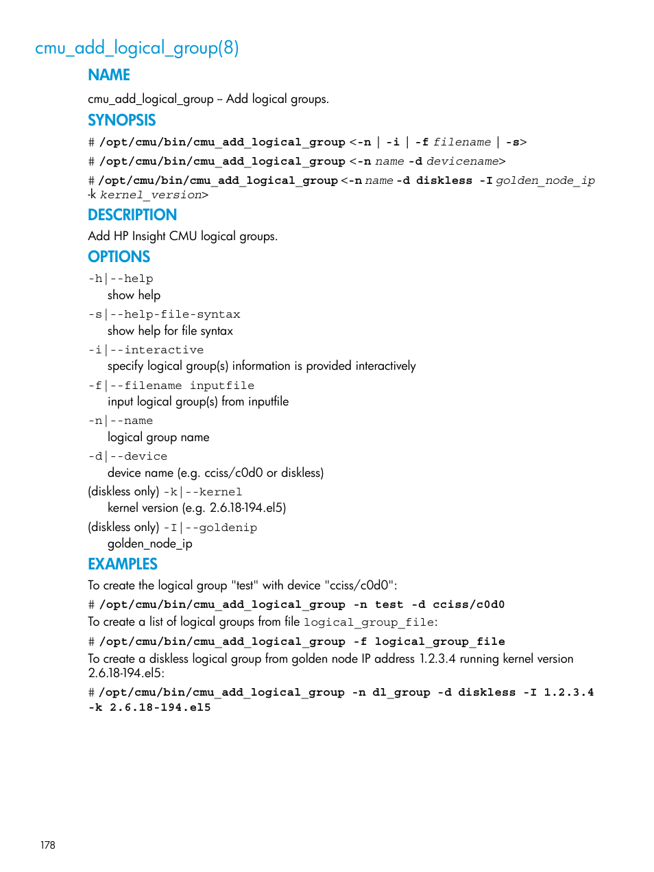 Cmu_add_logical_group(8), Name, Synopsis | Description, Options, Examples | HP Insight Cluster Management Utility User Manual | Page 178 / 223