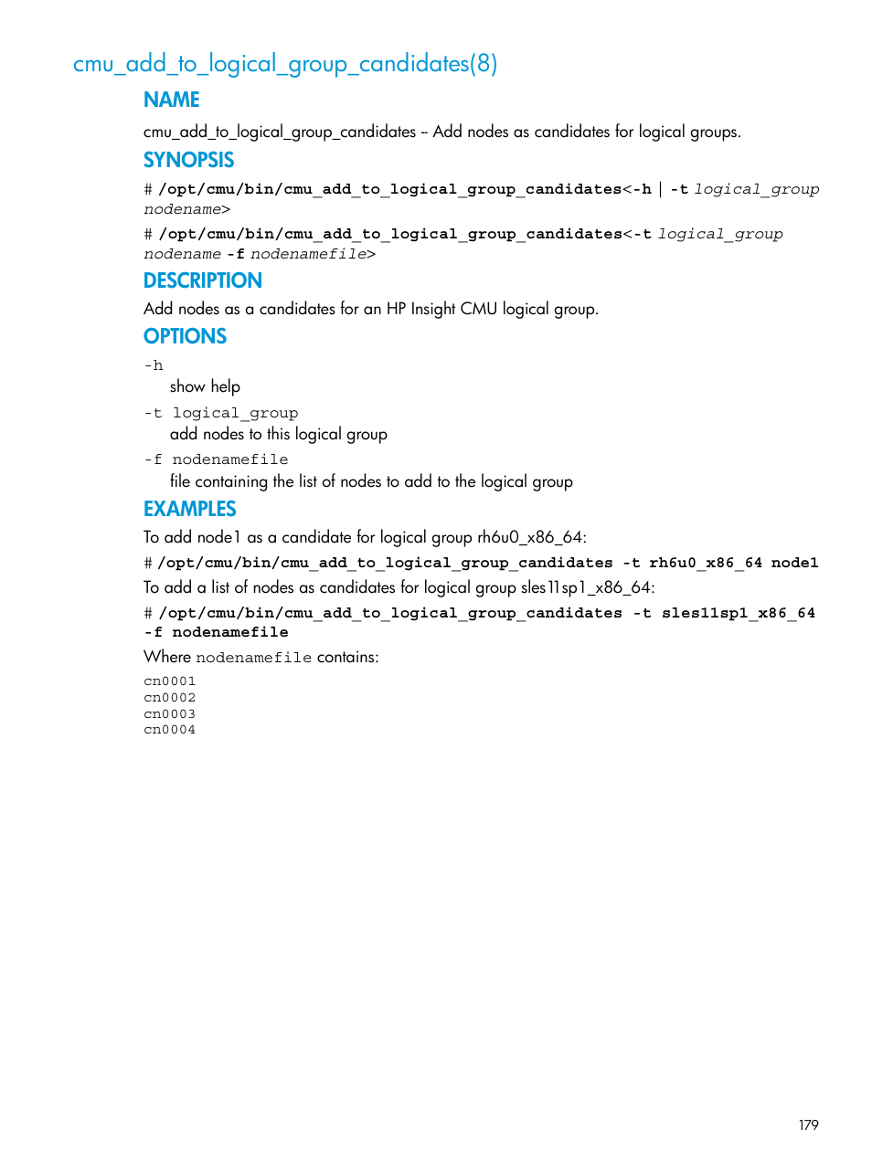 Cmu_add_to_logical_group_candidates(8), Name, Synopsis | Description, Options, Examples | HP Insight Cluster Management Utility User Manual | Page 179 / 223