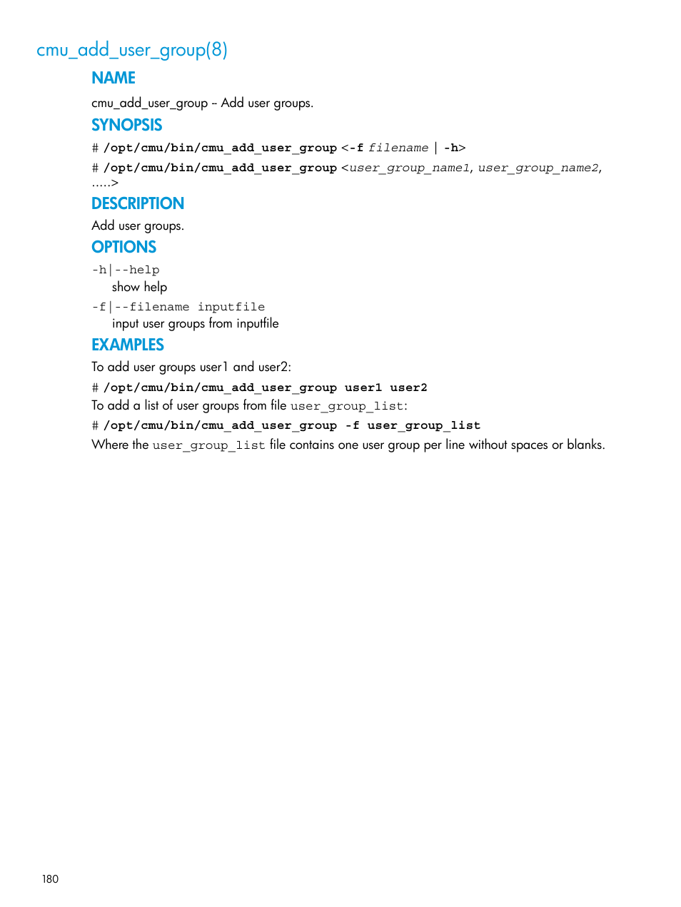 Cmu_add_user_group(8), Name, Synopsis | Description, Options, Examples | HP Insight Cluster Management Utility User Manual | Page 180 / 223