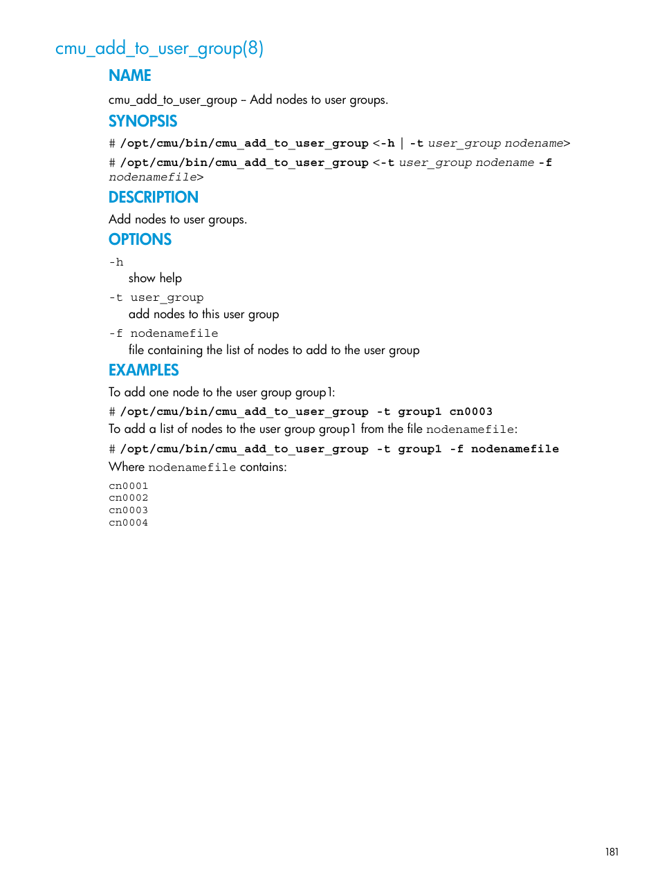 Cmu_add_to_user_group(8), Name, Synopsis | Description, Options, Examples | HP Insight Cluster Management Utility User Manual | Page 181 / 223