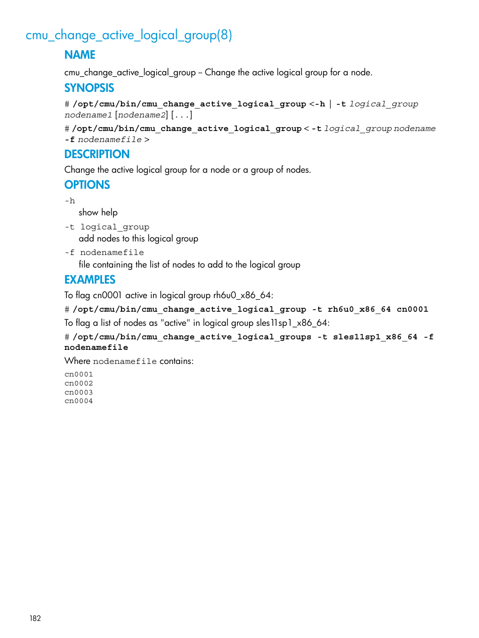 Cmu_change_active_logical_group(8), Name, Synopsis | Description, Options, Examples | HP Insight Cluster Management Utility User Manual | Page 182 / 223