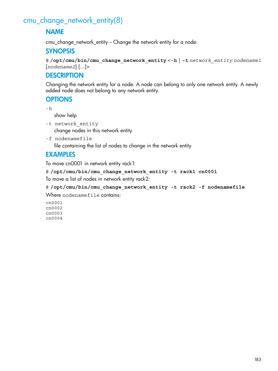 Cmu_change_network_entity(8), Name, Synopsis | Description, Options, Examples | HP Insight Cluster Management Utility User Manual | Page 183 / 223