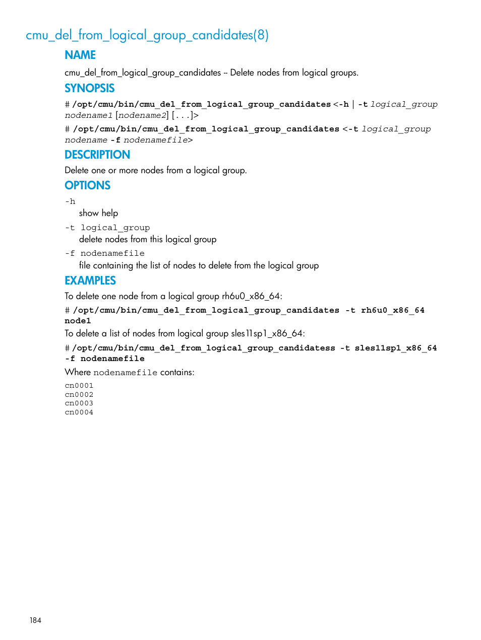 Cmu_del_from_logical_group_candidates(8), Name, Synopsis | Description, Options, Examples | HP Insight Cluster Management Utility User Manual | Page 184 / 223