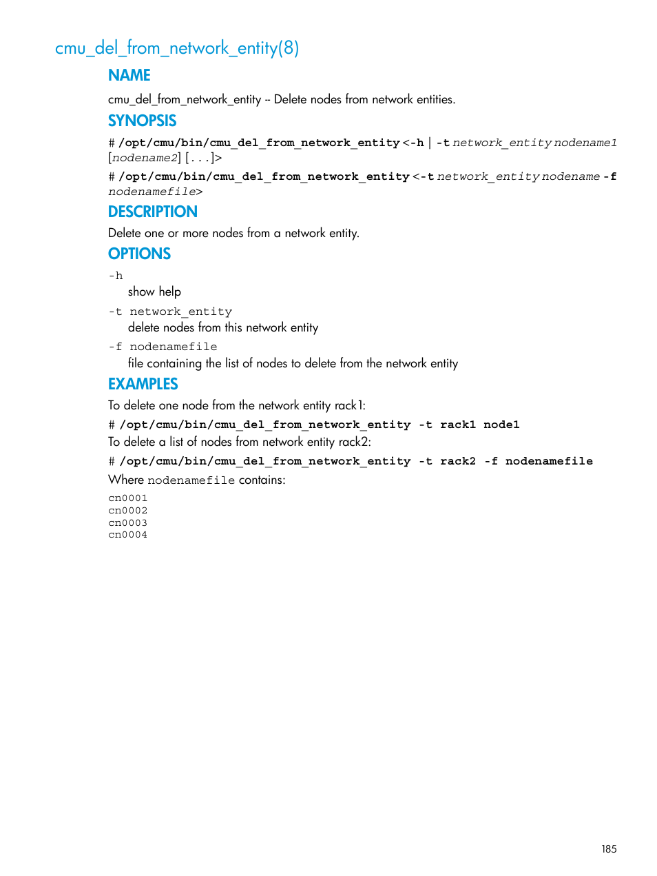 Cmu_del_from_network_entity(8), Name, Synopsis | Description, Options, Examples | HP Insight Cluster Management Utility User Manual | Page 185 / 223