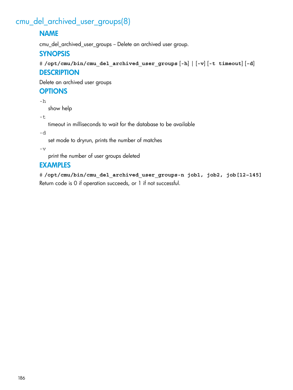 Cmu_del_archived_user_groups(8), Name, Synopsis | Description, Options, Examples | HP Insight Cluster Management Utility User Manual | Page 186 / 223