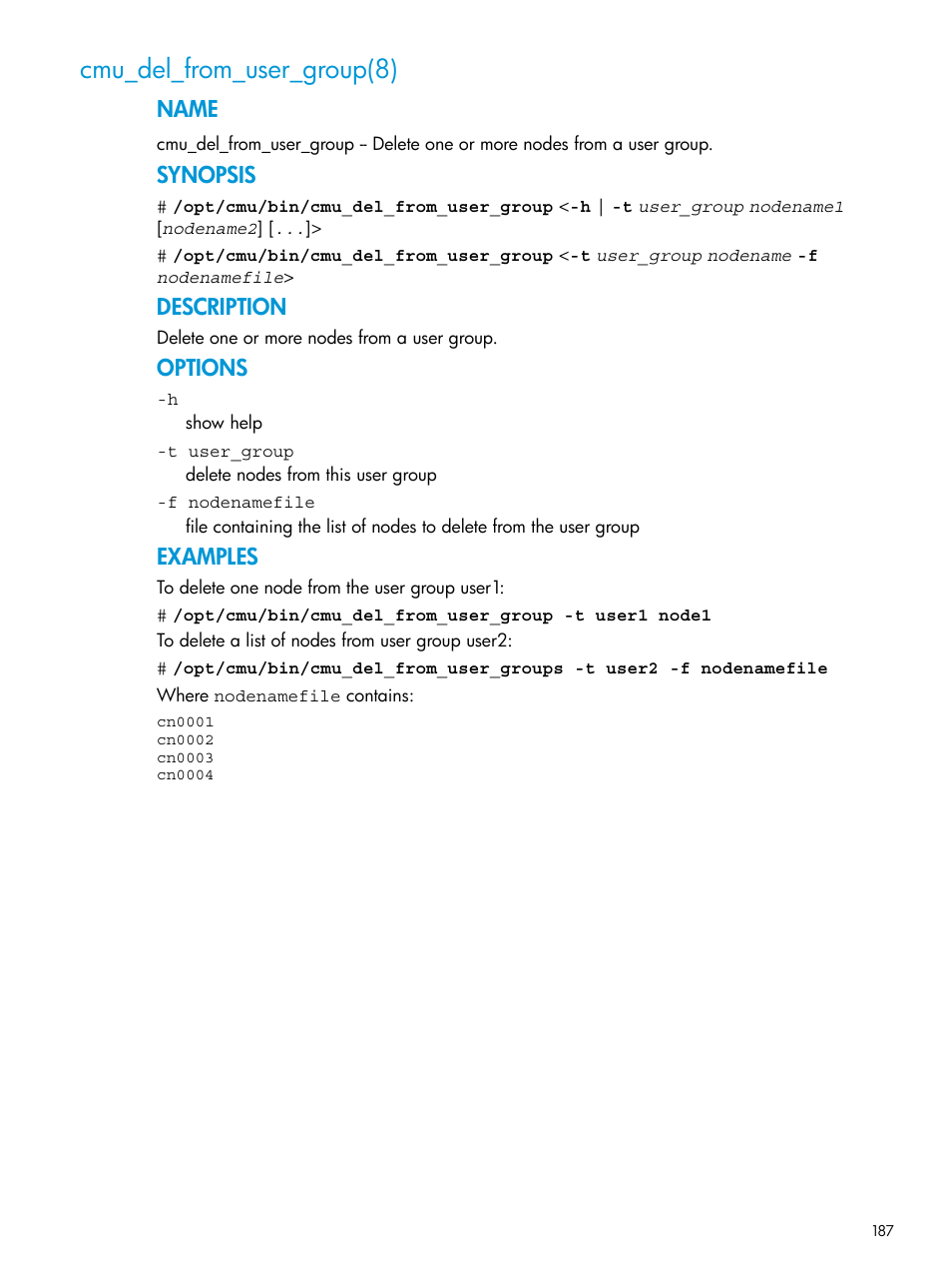 Cmu_del_from_user_group(8), Name, Synopsis | Description, Options, Examples | HP Insight Cluster Management Utility User Manual | Page 187 / 223