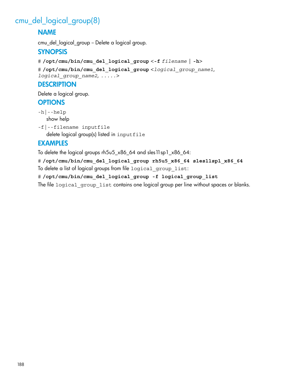 Cmu_del_logical_group(8), Name, Synopsis | Description, Options, Examples | HP Insight Cluster Management Utility User Manual | Page 188 / 223