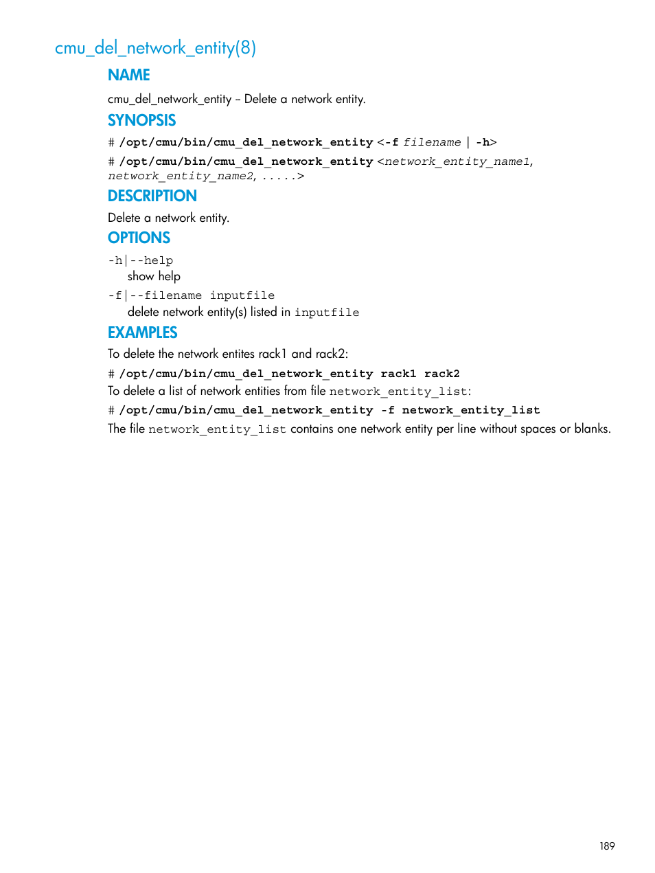Cmu_del_network_entity(8), Name, Synopsis | Description, Options, Examples | HP Insight Cluster Management Utility User Manual | Page 189 / 223