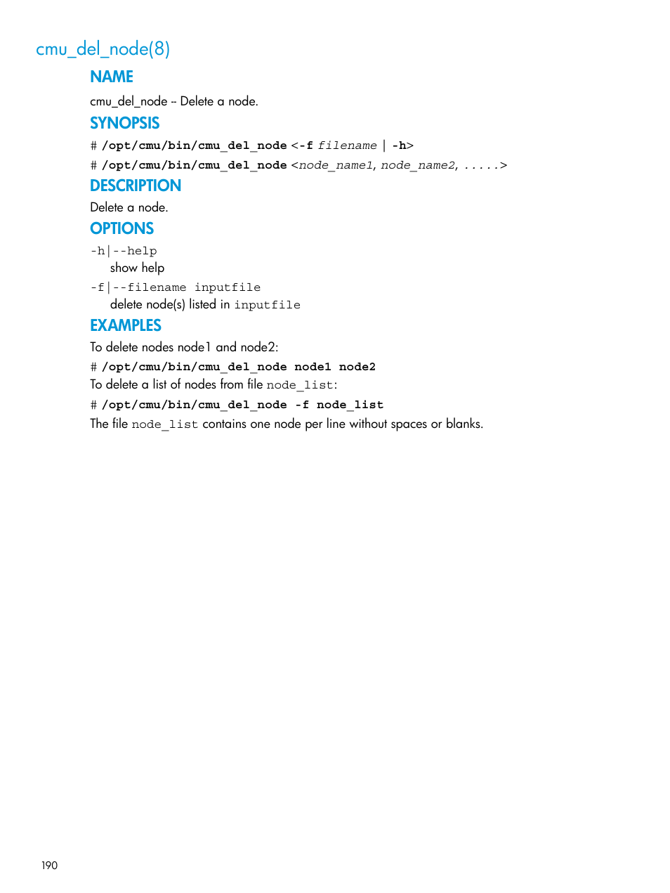 Cmu_del_node(8), Name, Synopsis | Description, Options, Examples | HP Insight Cluster Management Utility User Manual | Page 190 / 223