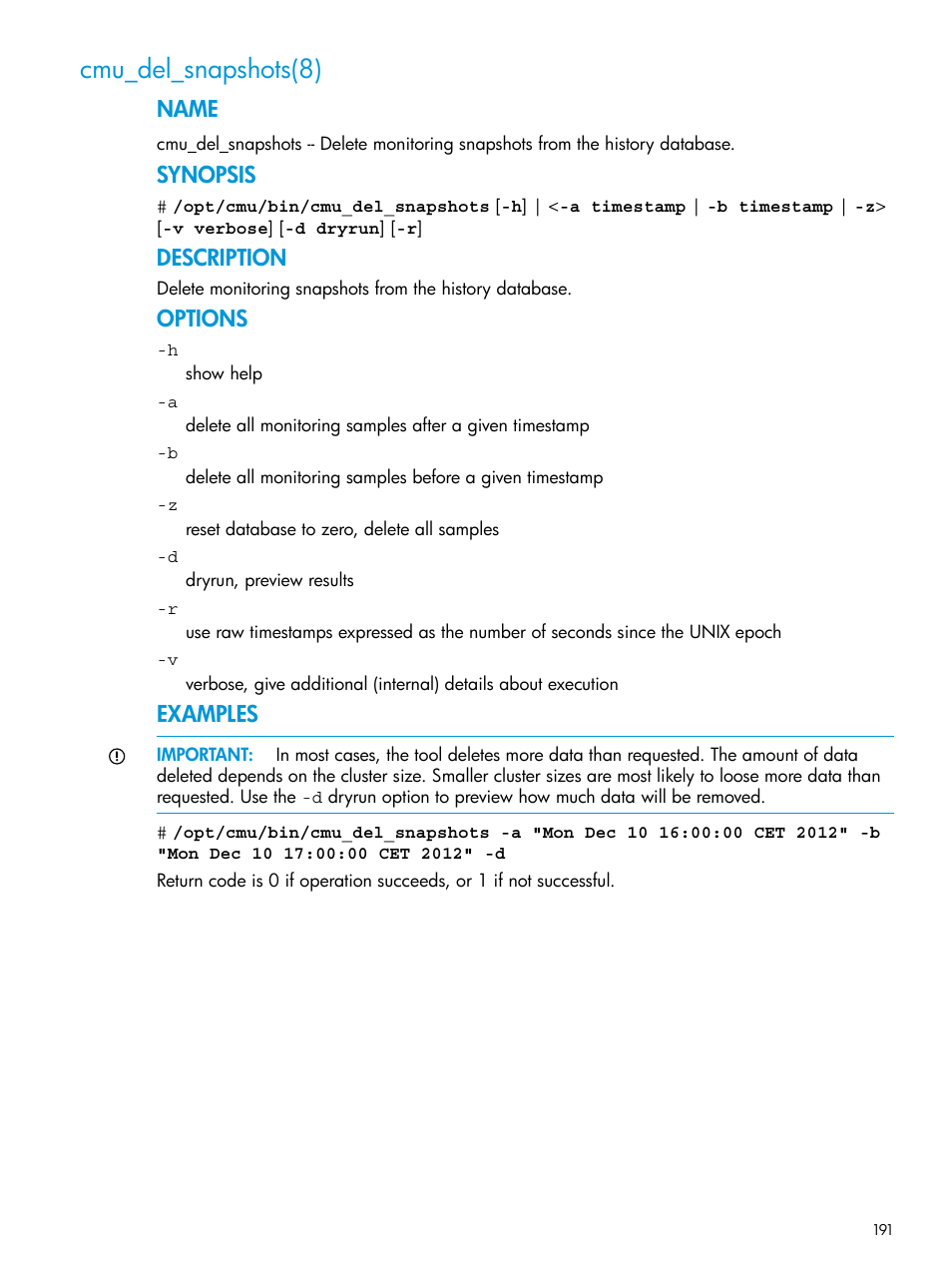 Cmu_del_snapshots(8), Name, Synopsis | Description, Options, Examples | HP Insight Cluster Management Utility User Manual | Page 191 / 223