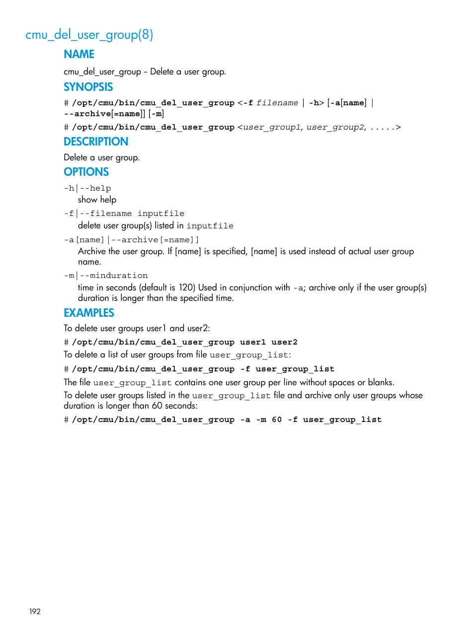 Cmu_del_user_group(8), Name, Synopsis | Description, Options, Examples | HP Insight Cluster Management Utility User Manual | Page 192 / 223