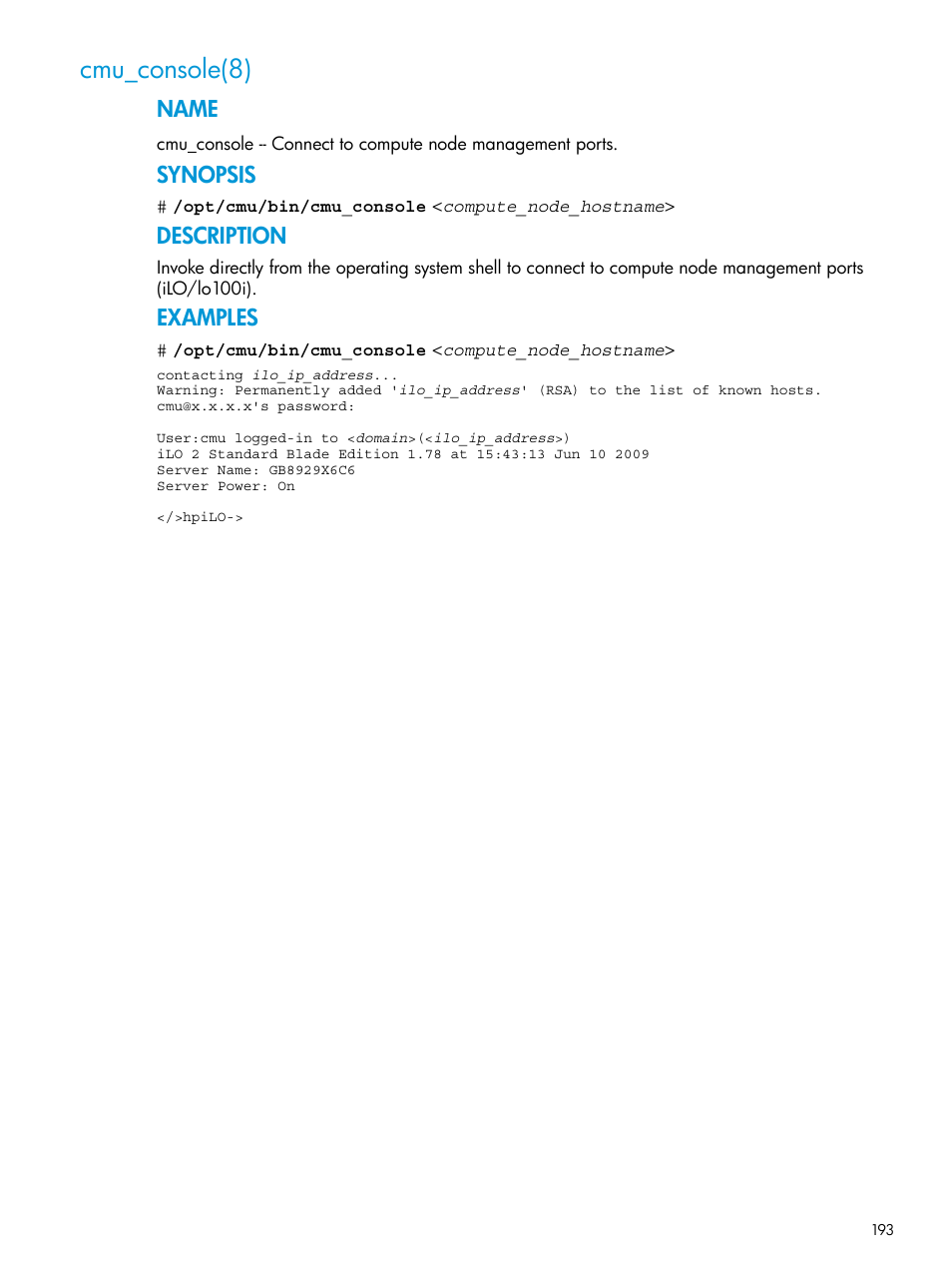 Cmu_console(8), Name, Synopsis | Description, Examples | HP Insight Cluster Management Utility User Manual | Page 193 / 223