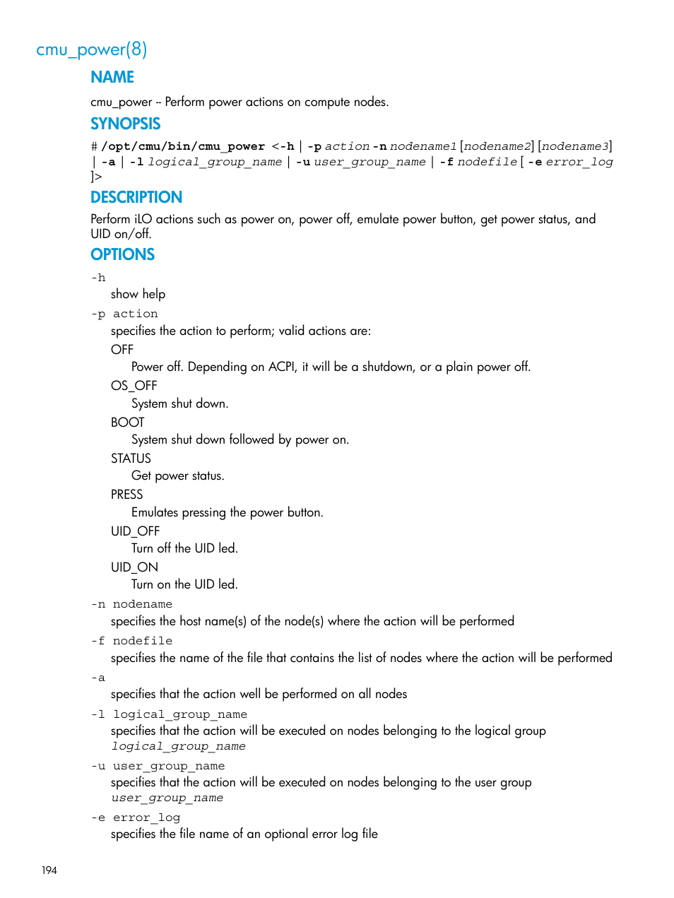 Cmu_power(8), Name, Synopsis | Description, Options | HP Insight Cluster Management Utility User Manual | Page 194 / 223