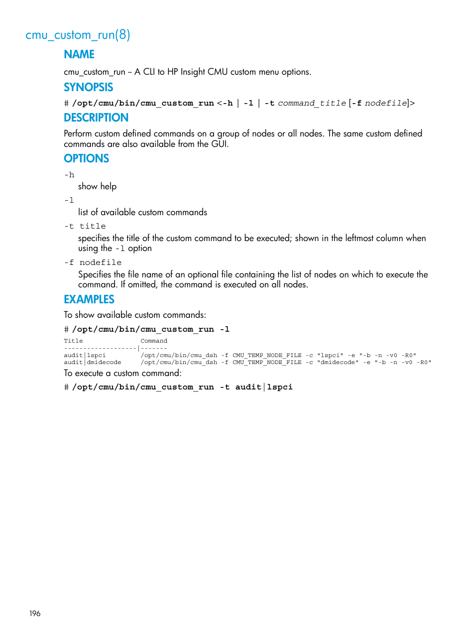 Cmu_custom_run(8), Name, Synopsis | Description, Options, Examples | HP Insight Cluster Management Utility User Manual | Page 196 / 223