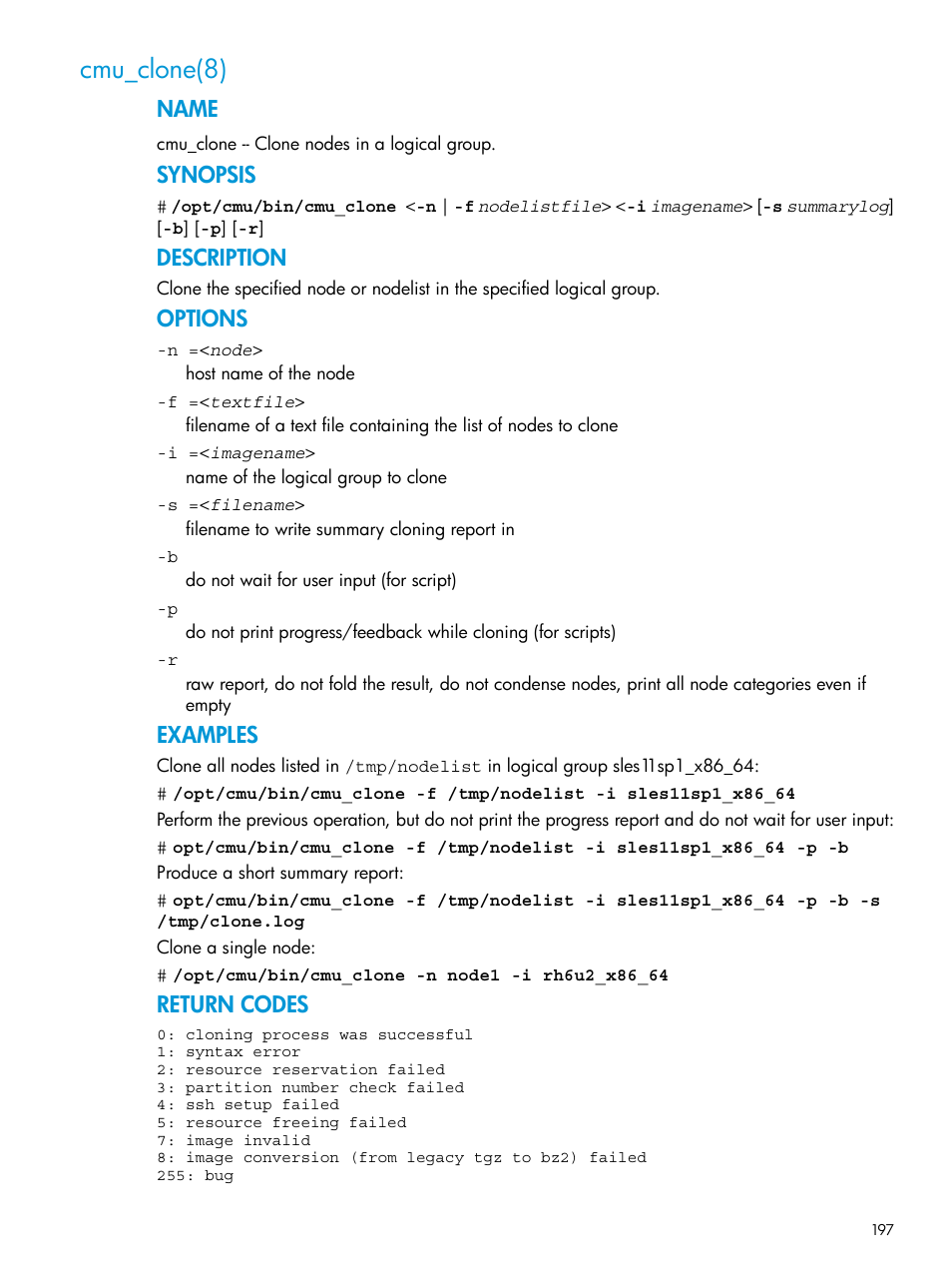 Cmu_clone(8), Name, Synopsis | Description, Options, Examples, Return codes | HP Insight Cluster Management Utility User Manual | Page 197 / 223