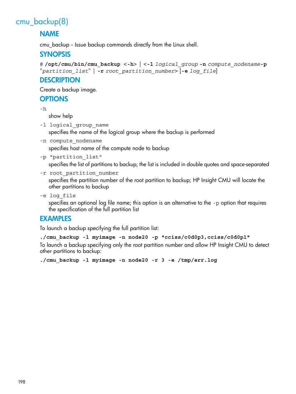Cmu_backup(8), Name, Synopsis | Description, Options, Examples | HP Insight Cluster Management Utility User Manual | Page 198 / 223
