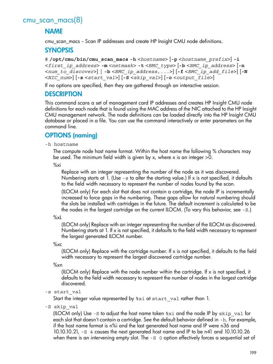 Cmu_scan_macs(8), Name, Synopsis | Description, Options (naming) | HP Insight Cluster Management Utility User Manual | Page 199 / 223