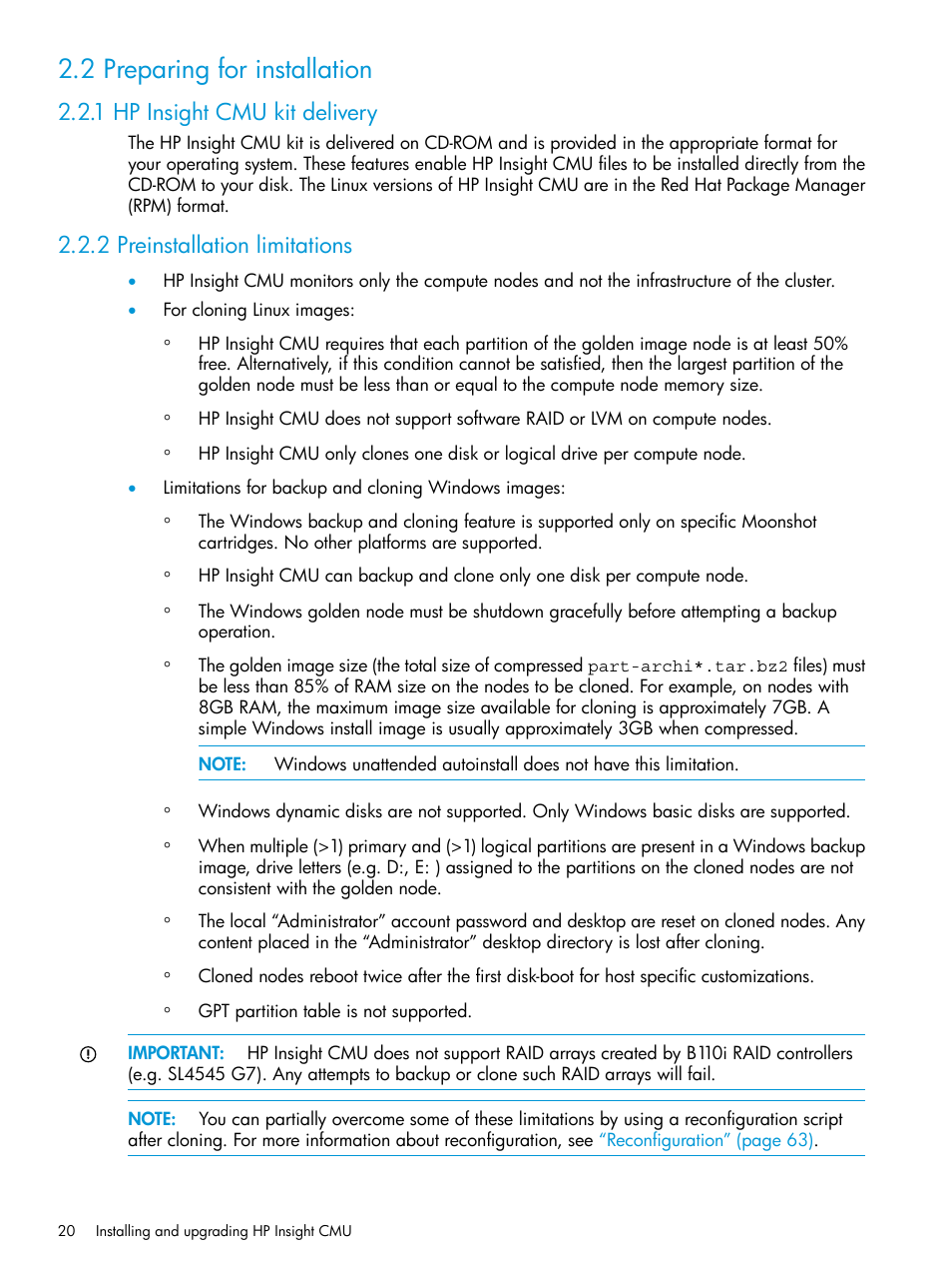 2 preparing for installation, 1 hp insight cmu kit delivery, 2 preinstallation limitations | HP Insight Cluster Management Utility User Manual | Page 20 / 223