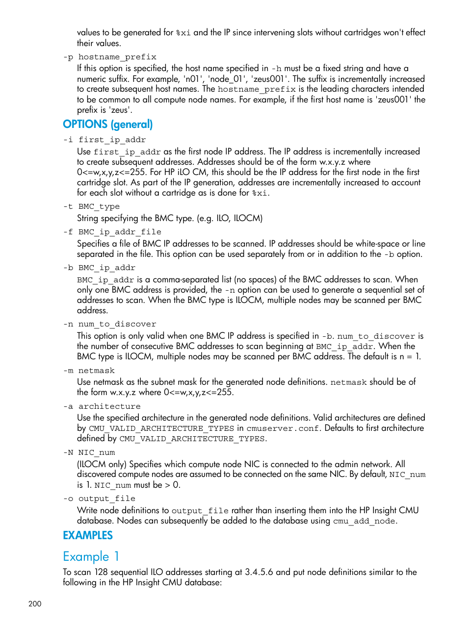 Example 1, Options (general), Examples | HP Insight Cluster Management Utility User Manual | Page 200 / 223