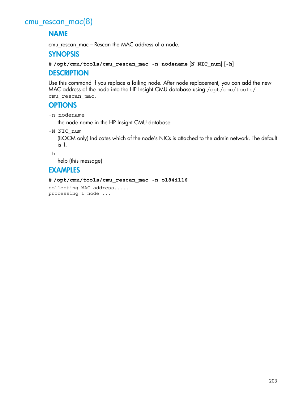 Cmu_rescan_mac(8), Name, Synopsis | Description, Options, Examples | HP Insight Cluster Management Utility User Manual | Page 203 / 223