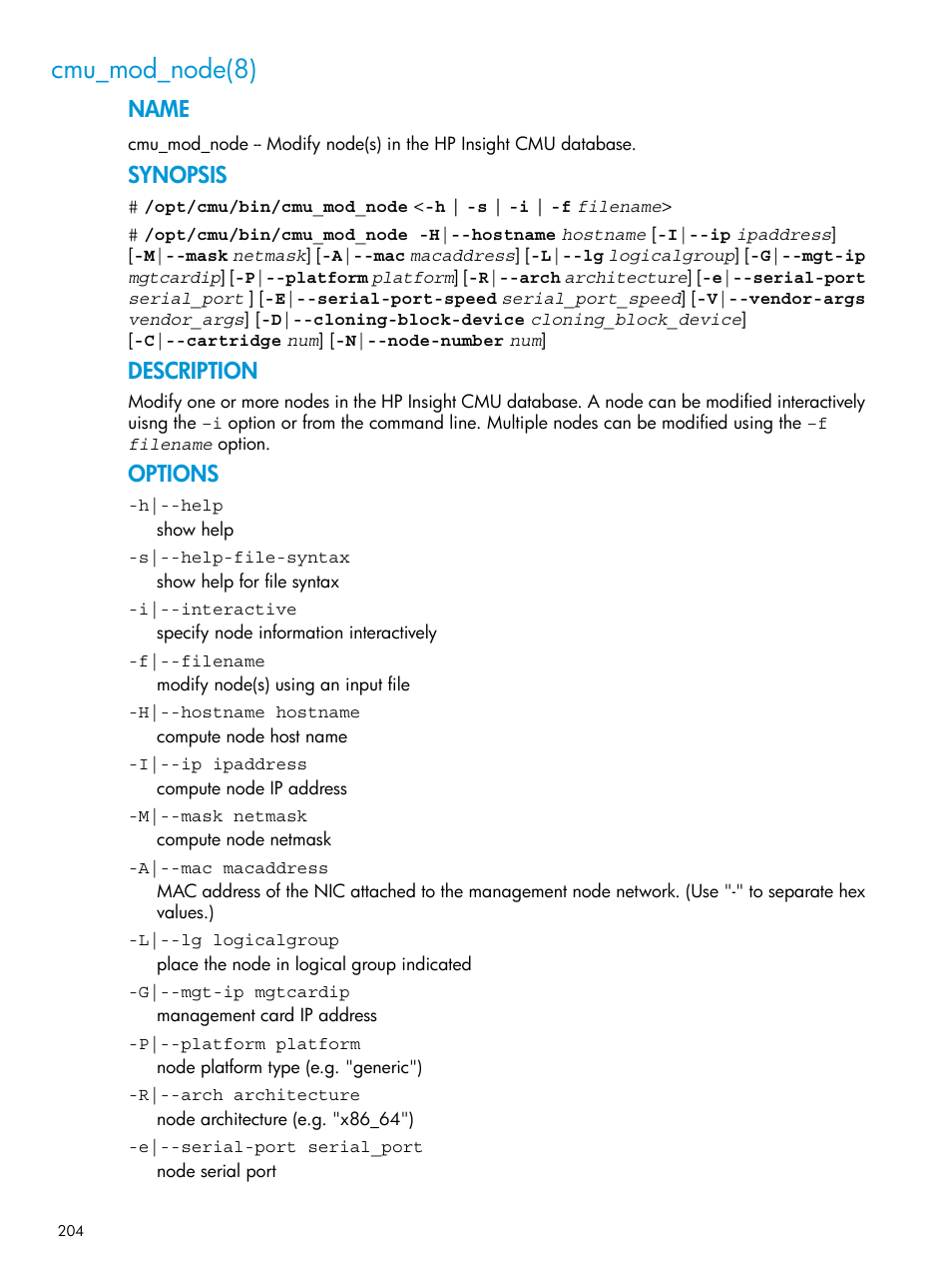 Cmu_mod_node(8), Name, Synopsis | Description, Options | HP Insight Cluster Management Utility User Manual | Page 204 / 223