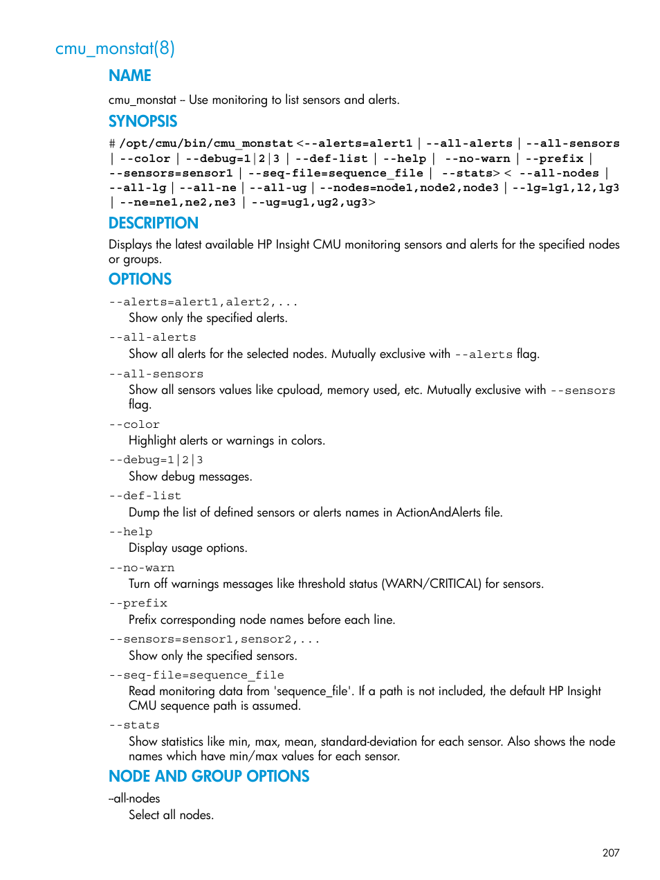 Cmu_monstat(8), Name, Synopsis | Description, Options, Node and group options | HP Insight Cluster Management Utility User Manual | Page 207 / 223