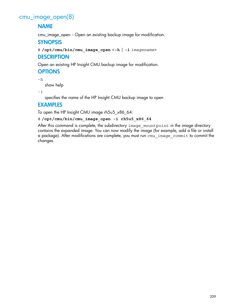 Cmu_image_open(8) | HP Insight Cluster Management Utility User Manual | Page 209 / 223