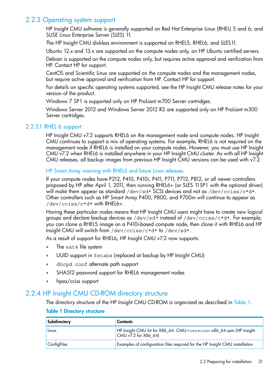 3 operating system support, 1 rhel 6 support, 4 hp insight cmu cd-rom directory structure | Directory structure | HP Insight Cluster Management Utility User Manual | Page 21 / 223