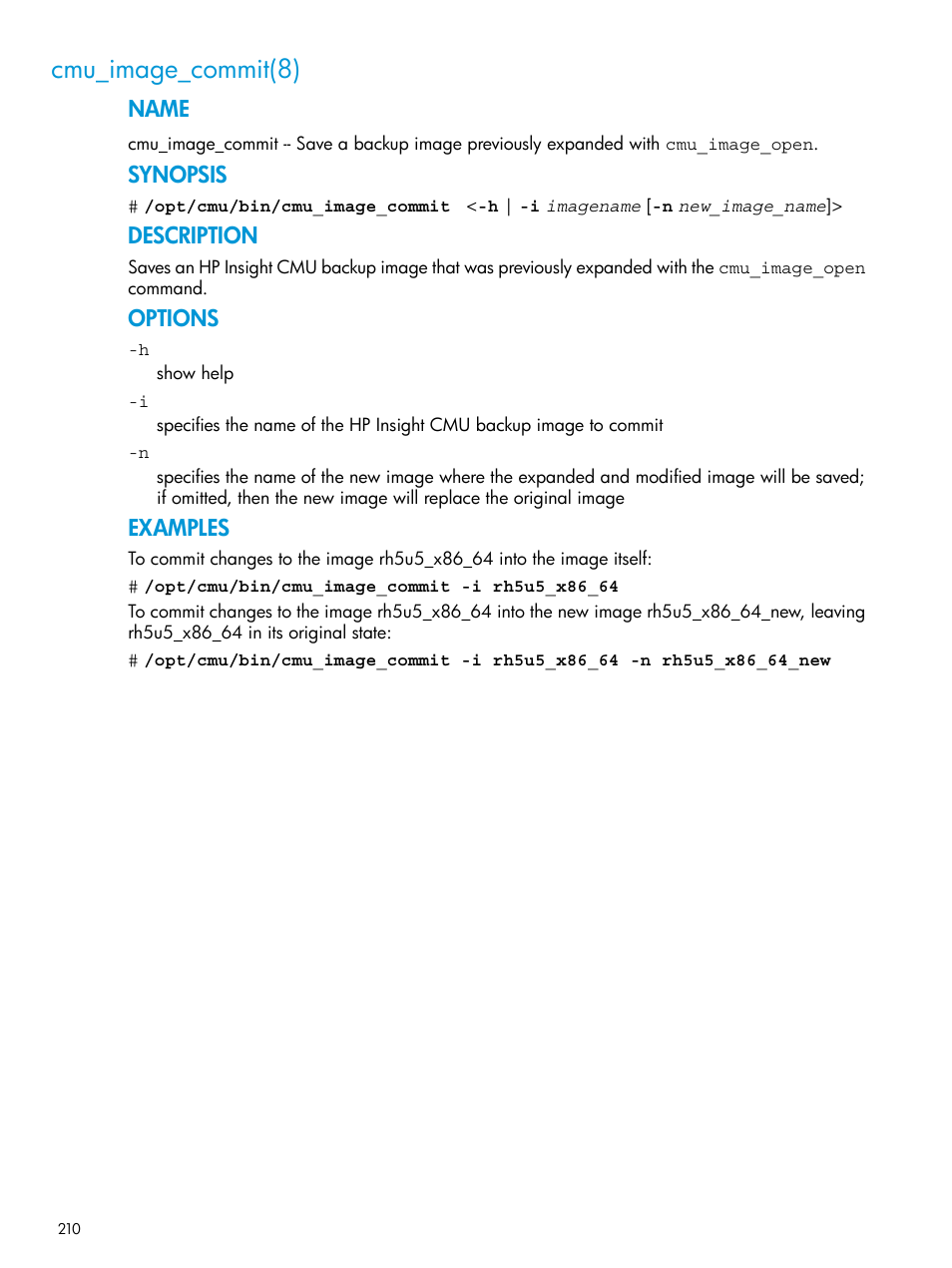 Cmu_image_commit(8), Name, Synopsis | Description, Options, Examples | HP Insight Cluster Management Utility User Manual | Page 210 / 223