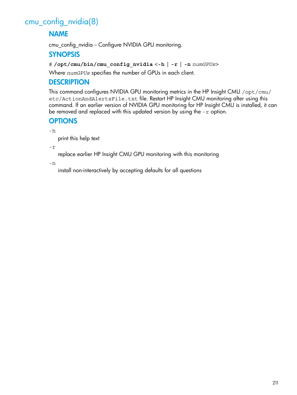 Cmu_config_nvidia(8), Name, Synopsis | Description, Options | HP Insight Cluster Management Utility User Manual | Page 211 / 223