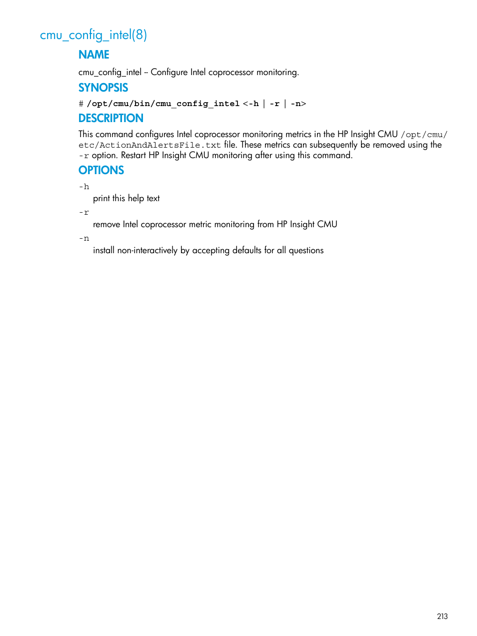 Cmu_config_intel(8), Name, Synopsis | Description, Options | HP Insight Cluster Management Utility User Manual | Page 213 / 223