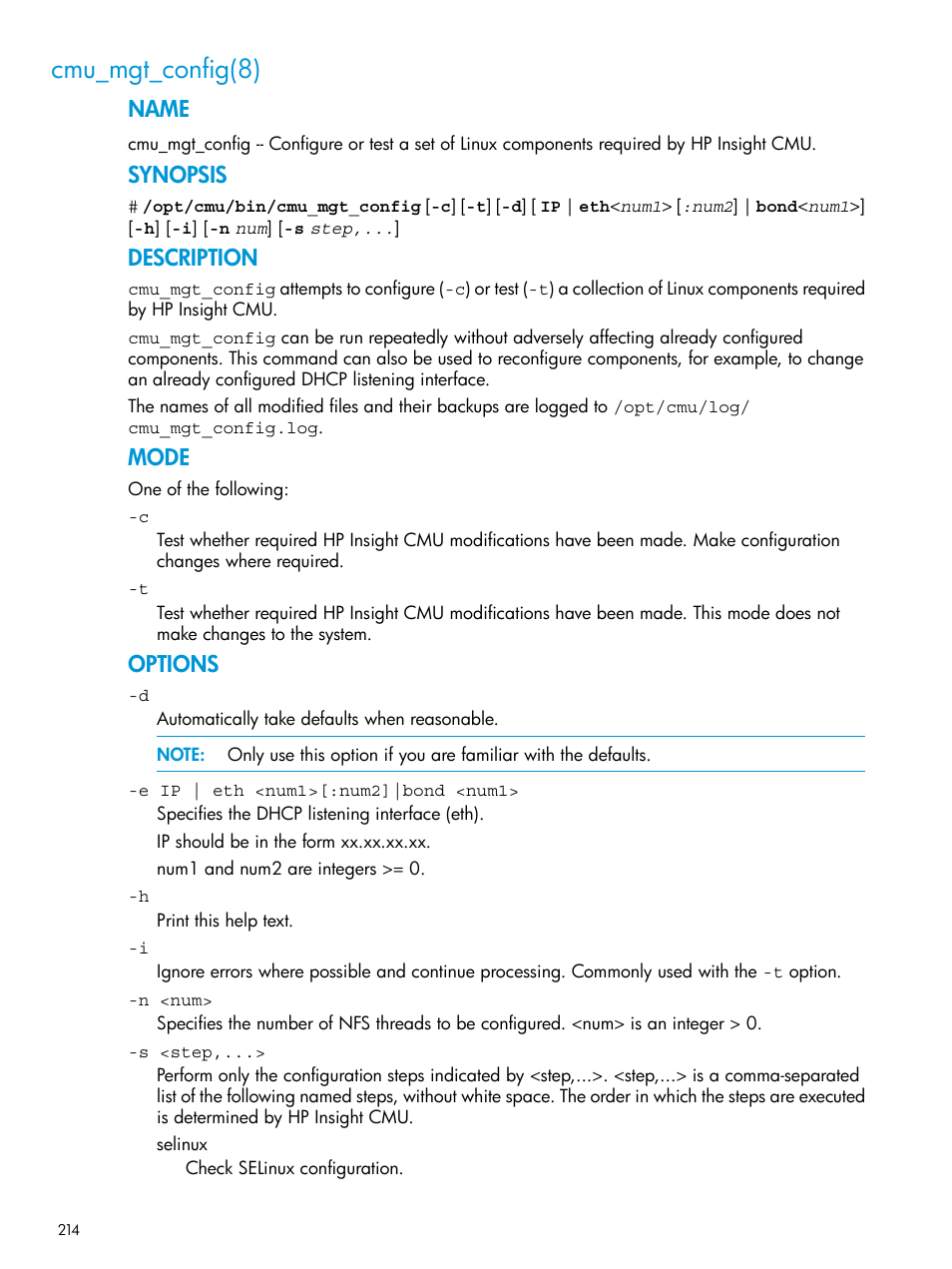 Cmu_mgt_config(8), Name, Synopsis | Description, Mode, Options | HP Insight Cluster Management Utility User Manual | Page 214 / 223