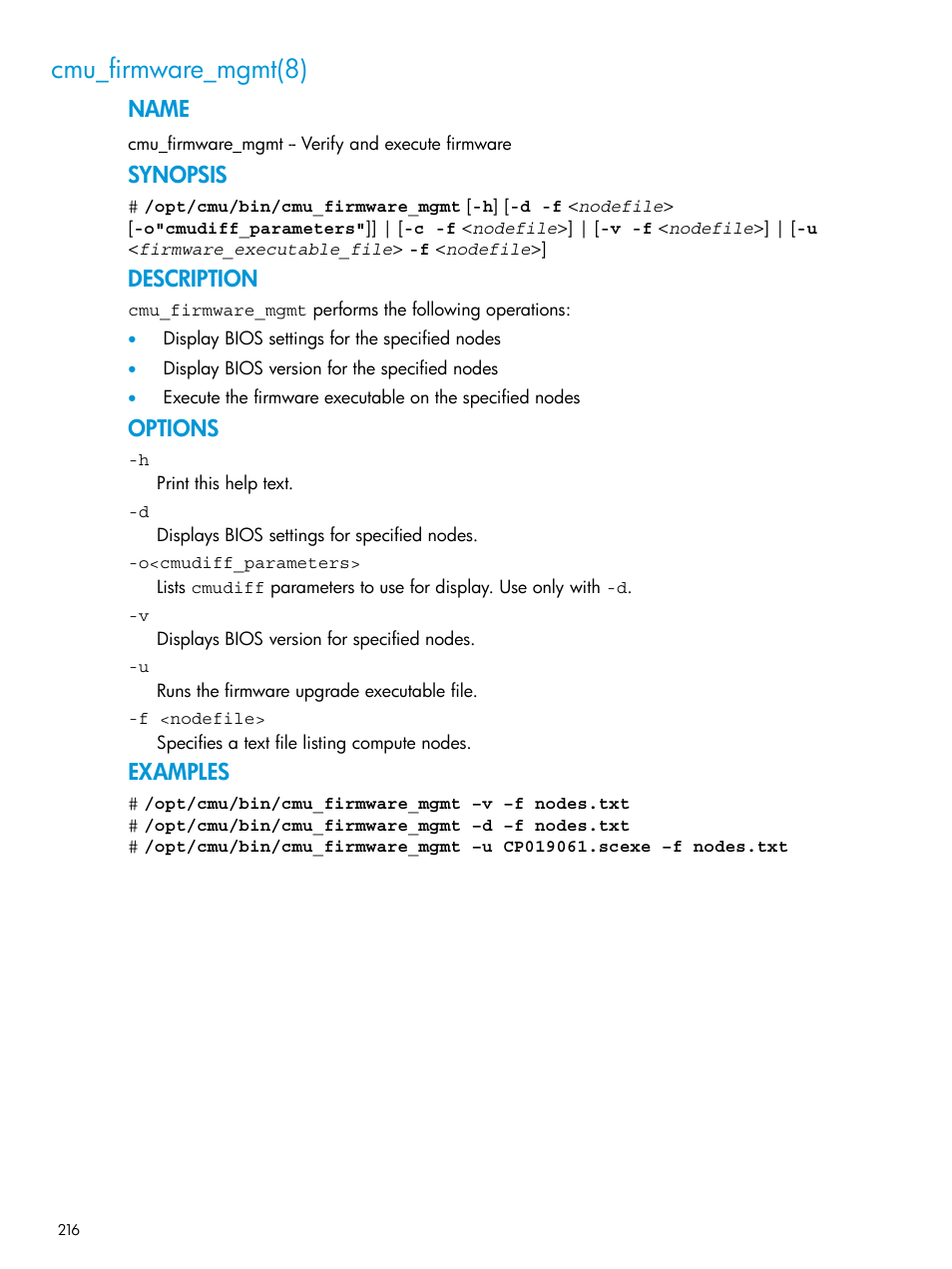 Cmu_firmware_mgmt(8), Name, Synopsis | Description, Options, Examples | HP Insight Cluster Management Utility User Manual | Page 216 / 223