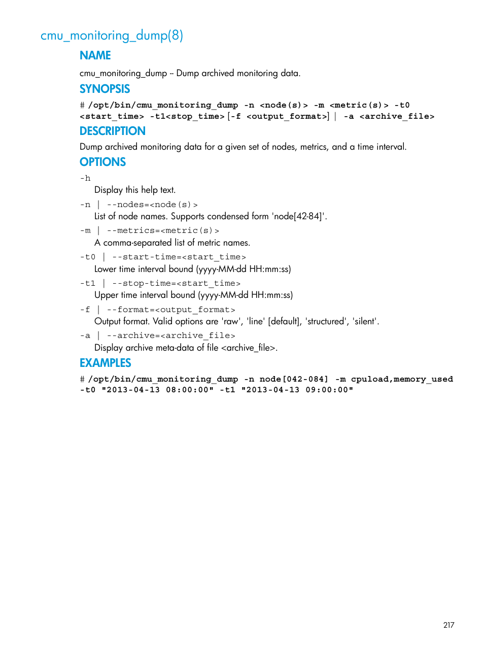 Cmu_monitoring_dump(8), Name, Synopsis | Description, Options, Examples | HP Insight Cluster Management Utility User Manual | Page 217 / 223