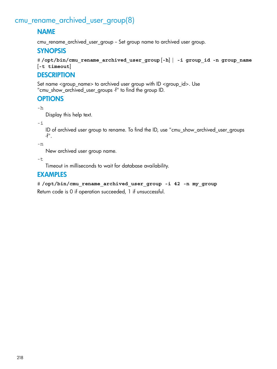 Cmu_rename_archived_user_group(8), Name, Synopsis | Description, Options, Examples | HP Insight Cluster Management Utility User Manual | Page 218 / 223