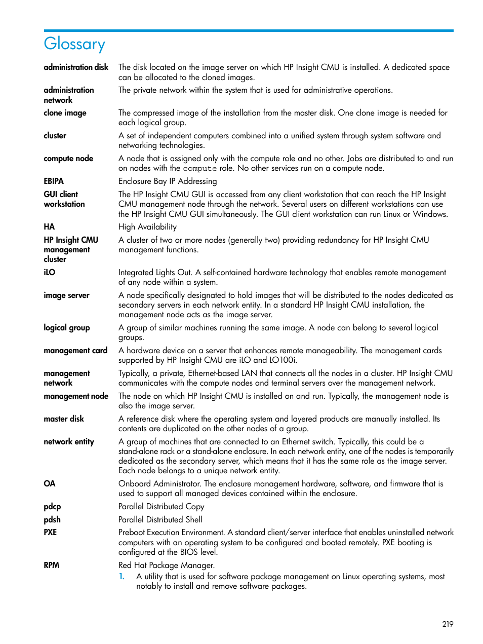 Glossary | HP Insight Cluster Management Utility User Manual | Page 219 / 223