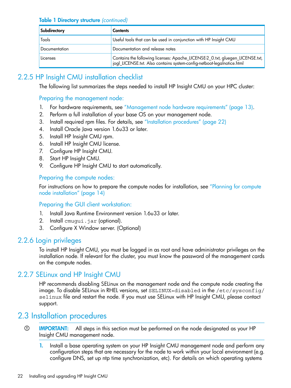 5 hp insight cmu installation checklist, 6 login privileges, 7 selinux and hp insight cmu | 3 installation procedures | HP Insight Cluster Management Utility User Manual | Page 22 / 223