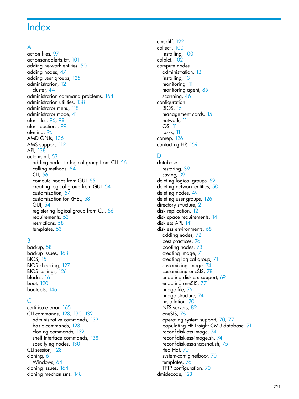 Index | HP Insight Cluster Management Utility User Manual | Page 221 / 223