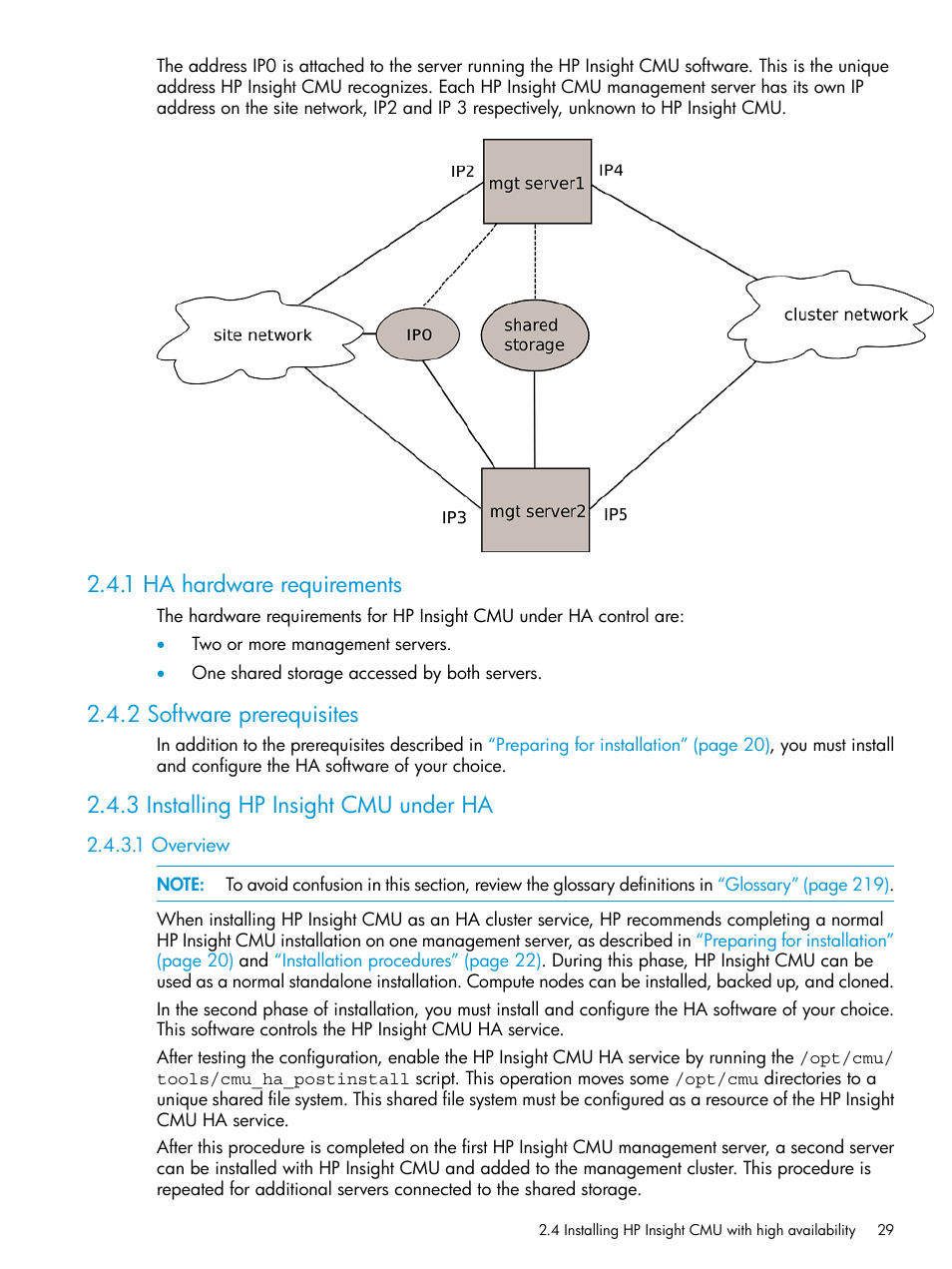 1 ha hardware requirements, 2 software prerequisites, 3 installing hp insight cmu under ha | 1 overview | HP Insight Cluster Management Utility User Manual | Page 29 / 223