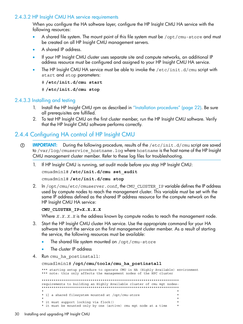 2 hp insight cmu ha service requirements, 3 installing and testing, 4 configuring ha control of hp insight cmu | HP Insight Cluster Management Utility User Manual | Page 30 / 223