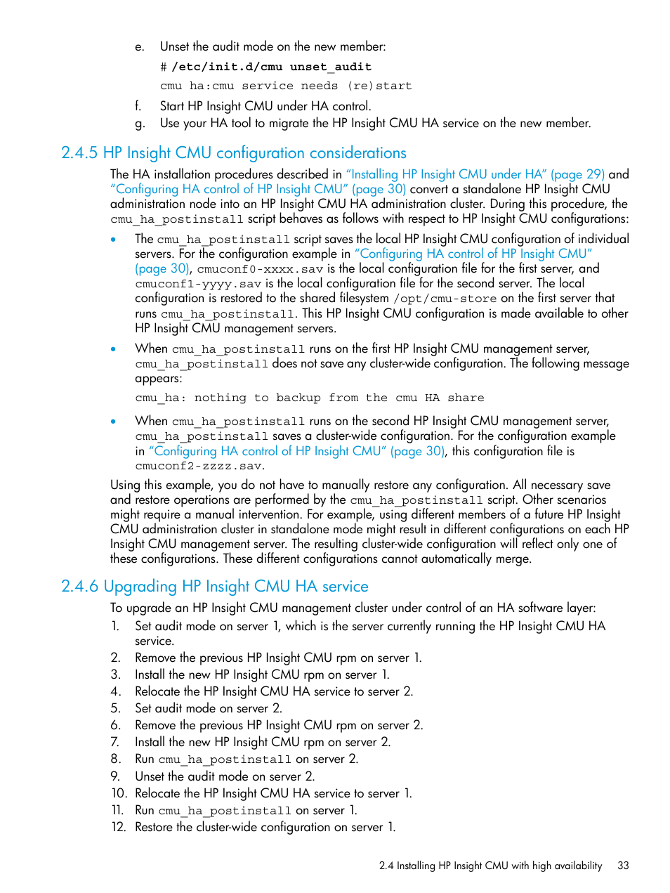 5 hp insight cmu configuration considerations, 6 upgrading hp insight cmu ha service | HP Insight Cluster Management Utility User Manual | Page 33 / 223