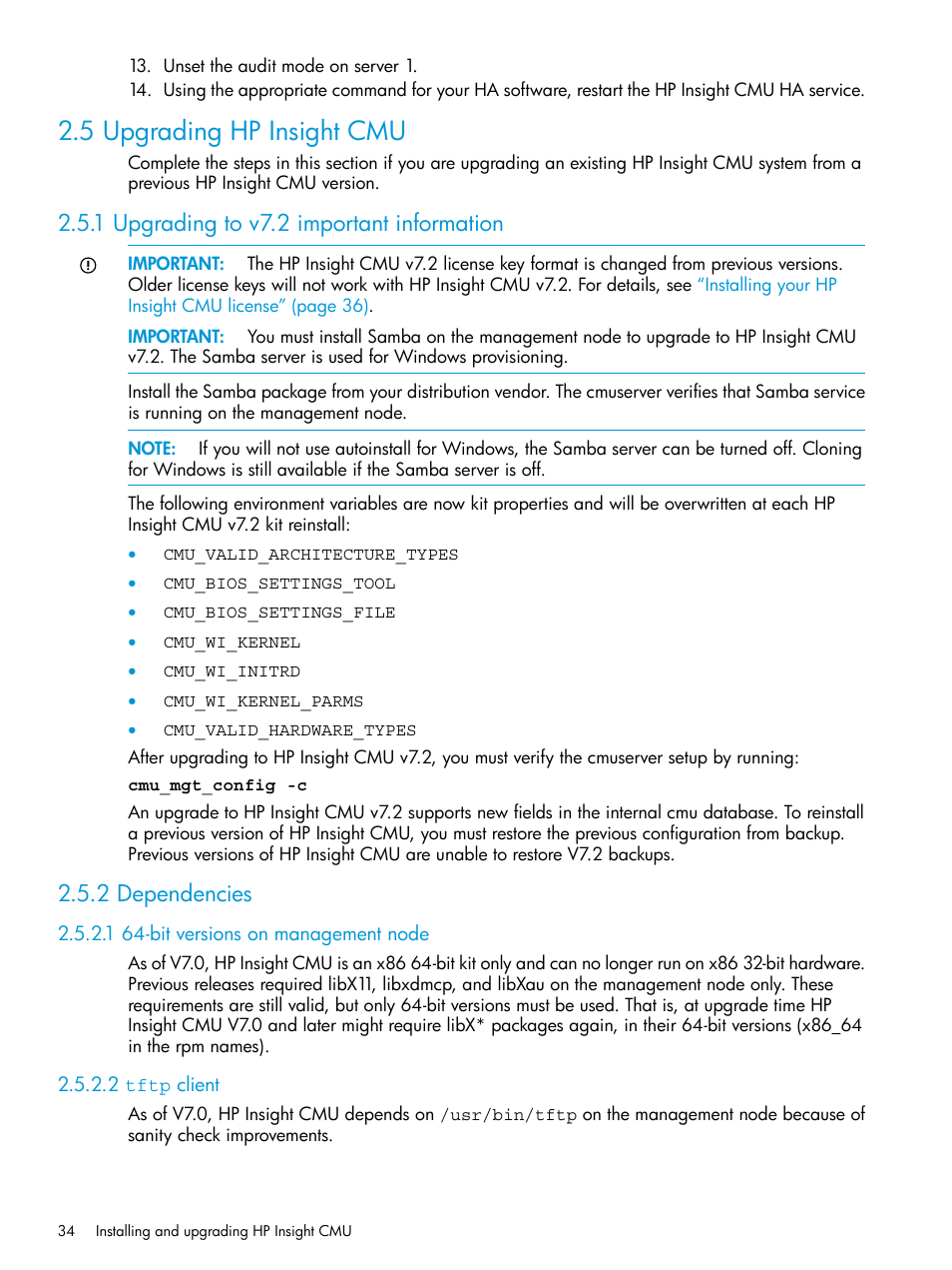 5 upgrading hp insight cmu, 1 upgrading to v7.2 important information, 2 dependencies | 1 64-bit versions on management node, 2 tftp client | HP Insight Cluster Management Utility User Manual | Page 34 / 223