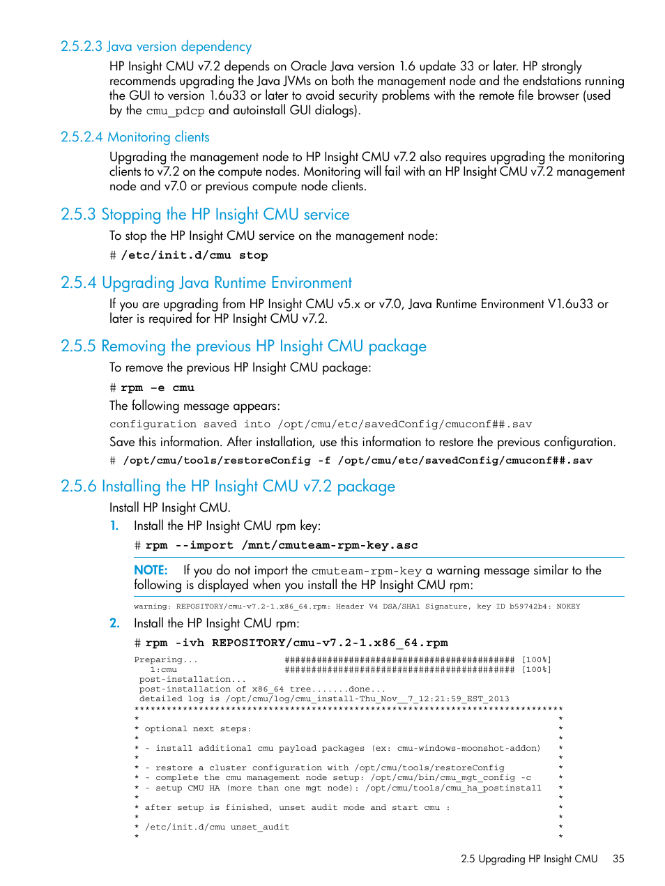 3 java version dependency, 4 monitoring clients, 3 stopping the hp insight cmu service | 4 upgrading java runtime environment, 5 removing the previous hp insight cmu package, 6 installing the hp insight cmu v7.2 package | HP Insight Cluster Management Utility User Manual | Page 35 / 223