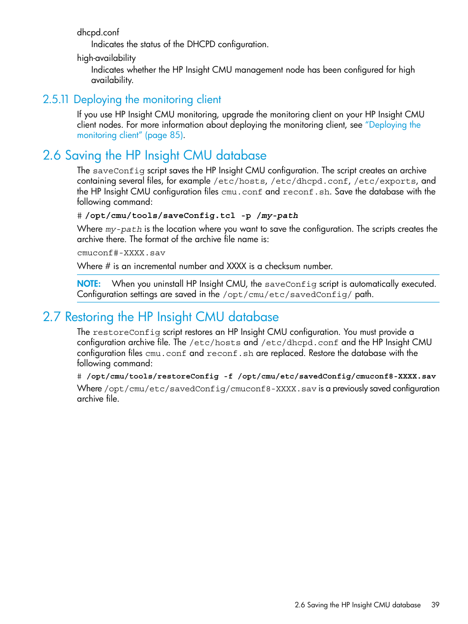 11 deploying the monitoring client, 6 saving the hp insight cmu database, 7 restoring the hp insight cmu database | HP Insight Cluster Management Utility User Manual | Page 39 / 223